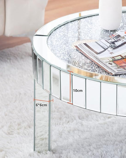 Mirrored Coffee Table with Crystal Inlay, 31.5'' Modern Round Coffee Table with Mirror Surface, Silver Accent Table for Living Rooms Bedrooms Entryways Decor - LeafyLoom