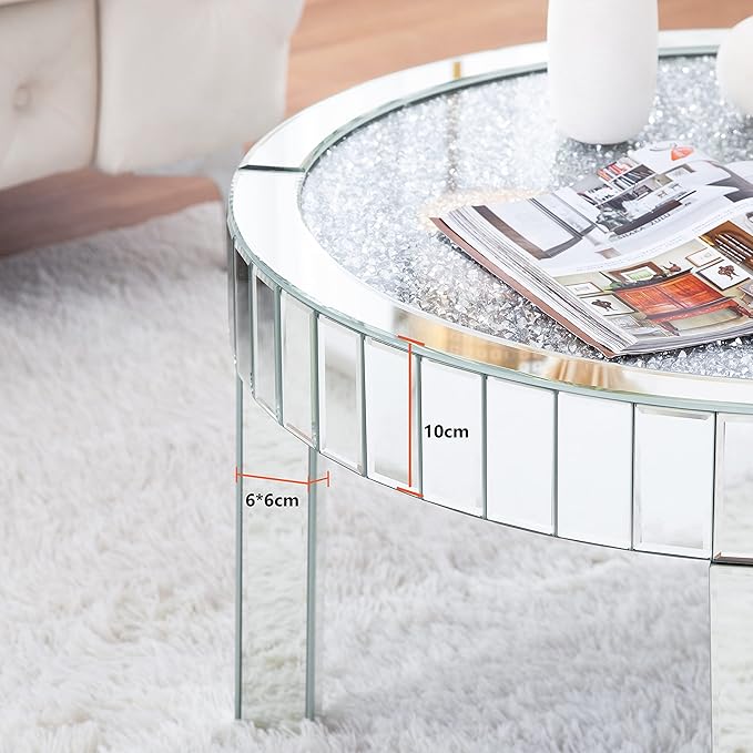 Mirrored Coffee Table with Crystal Inlay, 31.5'' Modern Round Coffee Table with Mirror Surface, Silver Accent Table for Living Rooms Bedrooms Entryways Decor - LeafyLoom