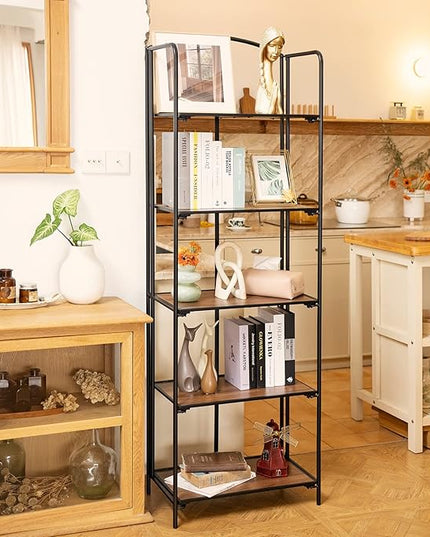 No Assembly Folding Bookshelf, 5 Tier Black Bookshelf, Metal Book Shelf for Storage, Folding Bookcase for Office Organization and Storage, 12.87" D x 22.91" W x 68.1" H - LeafyLoom