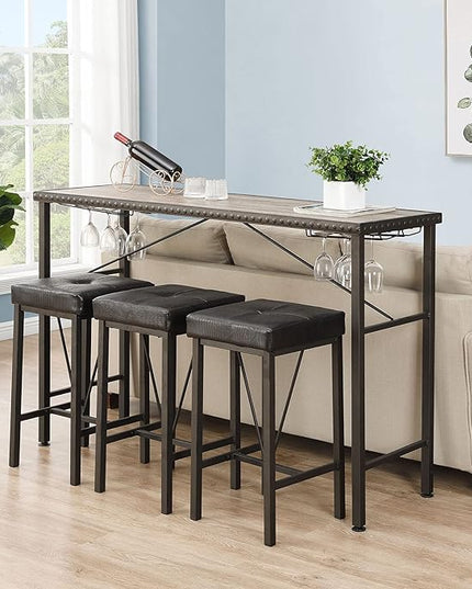 O&K FURNITURE 4 Piece Long Bar Table and Chairs Set, Counter Height Table with 3 Cushion Stools, Behind Couch Bar Table, Industrial Dining Table Sets for Breakfast Nook Living Room Small Space - LeafyLoom