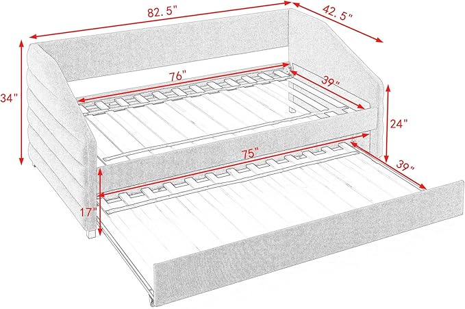 Twin Size Linen Upholstered Daybed with Trundle, Solid Wooden Bedframe w/Pull Out Bed and Tufted Decorate, No Box Spring Needed, for Kids, Bedroom, Dorm, Grey-1 - LeafyLoom