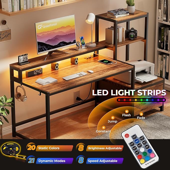 GreenForest Computer Desk with Drawer and Printer Shelf, 68.8 inch Home Office Desk with LED Lights and Power Outlets, Desk with Storage for Study Gaming Working, Walnut - LeafyLoom