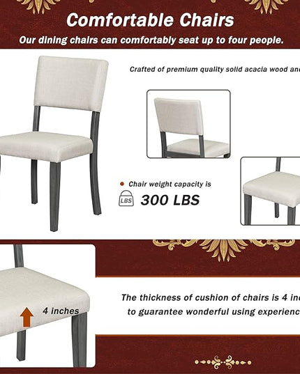 5 Piece Modern Round Dining Set, Including Solid Wood Curved Trestle Style Table Legs and 4 Upholstered Backrest Cushioned Chairs, for Kitchen, Living Room, Dark Gray+Brown - LeafyLoom
