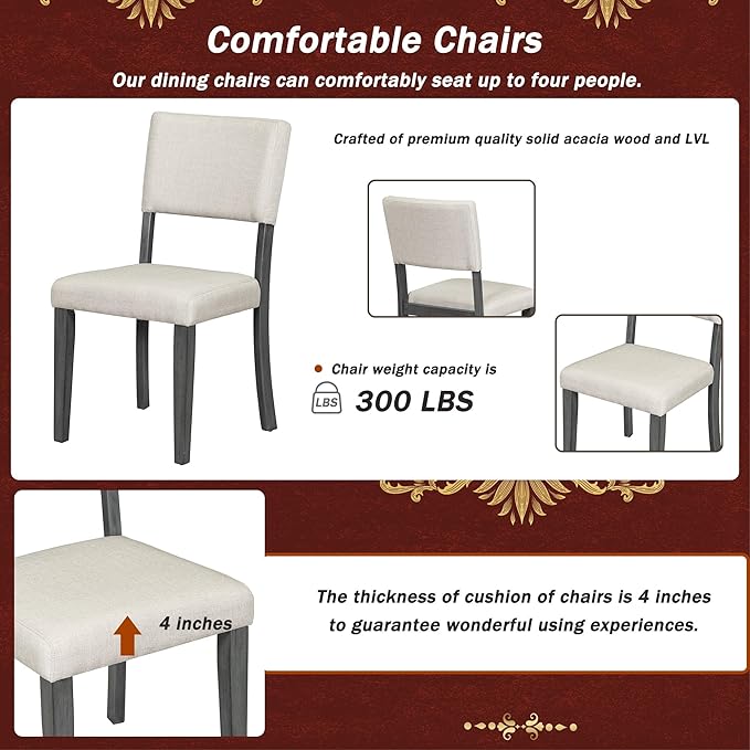 5 Piece Modern Round Dining Set, Including Solid Wood Curved Trestle Style Table Legs and 4 Upholstered Backrest Cushioned Chairs, for Kitchen, Living Room, Dark Gray+Brown - LeafyLoom