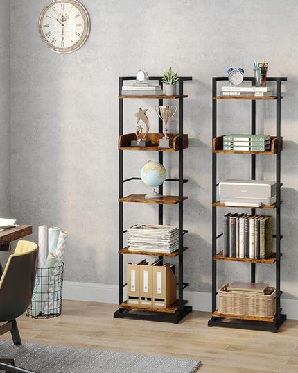 Bookshelf 5-Tier Book shelf - Narrow Wood Bookcase Tall Corner Book Shelves Storage Organizer Display Book Rack for Living Room Bedroom Office Home (Rustic Brown) - LeafyLoom