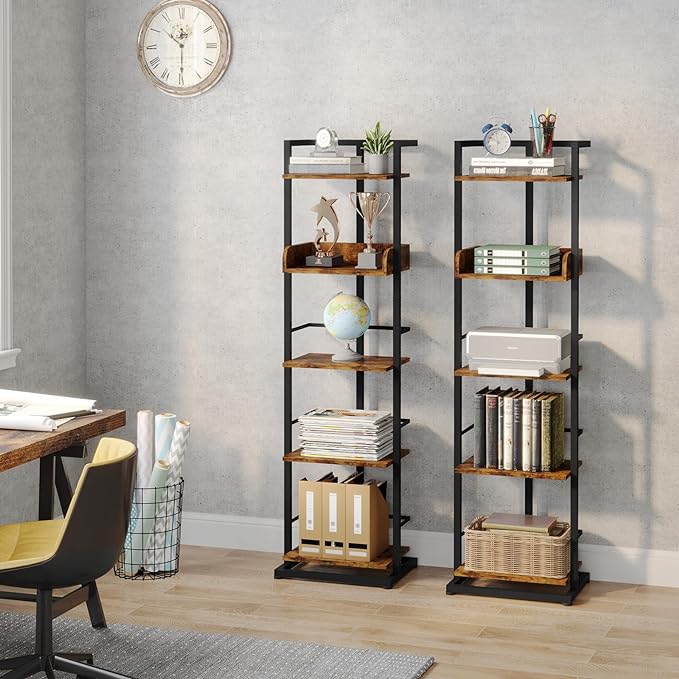 Bookshelf 5-Tier Book shelf - Narrow Wood Bookcase Tall Corner Book Shelves Storage Organizer Display Book Rack for Living Room Bedroom Office Home (Rustic Brown) - LeafyLoom
