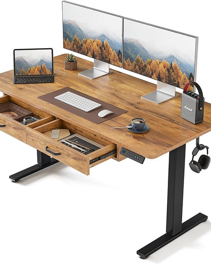 FEZIBO Adjustable Height Electric Standing Desk with Double Drawer, 55x 24 Inches Stand Up Home Office Desk with Splice Tabletop, Black Frame/Fir Brown Top - LeafyLoom