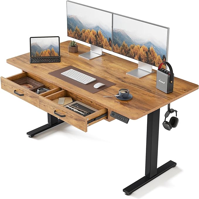 FEZIBO Adjustable Height Electric Standing Desk with Double Drawer, 55x 24 Inches Stand Up Home Office Desk with Splice Tabletop, Black Frame/Fir Brown Top - LeafyLoom