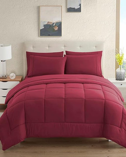Dorm Room Essentials College Bedding Comforter Set 7 Piece Full Size Bed in a Bag for College Students Boys and Girls, Full, Burgundy - LeafyLoom