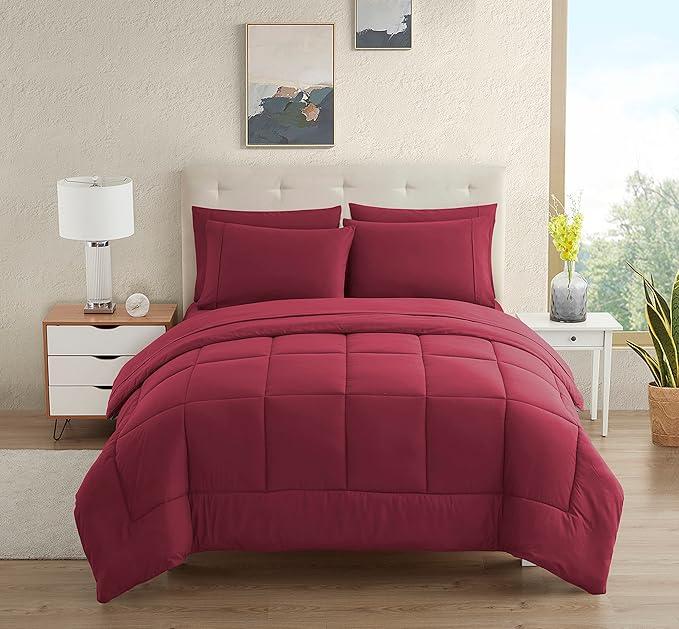 Dorm Room Essentials College Bedding Comforter Set 7 Piece Full Size Bed in a Bag for College Students Boys and Girls, Full, Burgundy - LeafyLoom