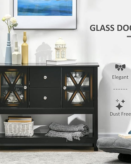 HOMCOM Coffee Bar Cabinet, Sideboard Buffet Cabinet, Kitchen Cabinet with Storage Drawers and Glass Door for Living Room, Entryway, Black - LeafyLoom