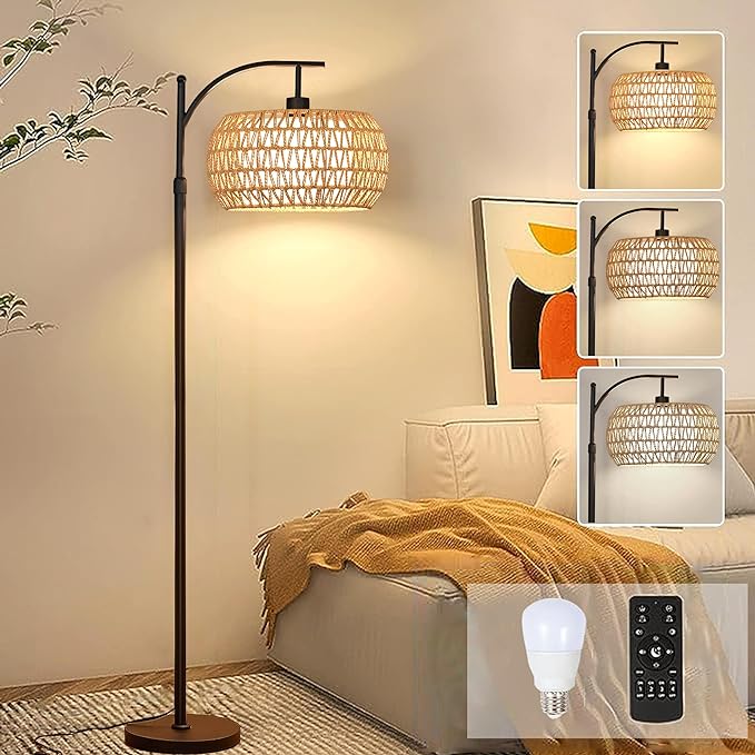 Arc Floor Lamps for Living Room Rattan Boho Floor Lamp with Remote Control,Dimmable LED Floor Lamp Wicker Lamp Shades Black Standing Lamp with 3 Color Temperature Tall Floor Lamp For Bedroom Corner - LeafyLoom