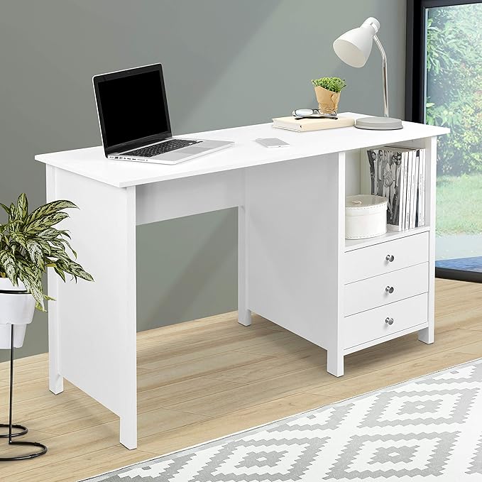 Techni Mobili White Desk with Drawers - Small Office Desk with 3 Cabinet Drawers, Open Shelf, & Laminated Wooden Panels Office & Study Table for Bedroom & Workstations - LeafyLoom