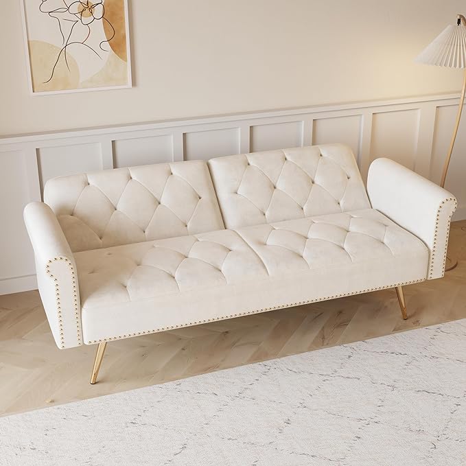 Button Tufted Upholstered Convertible Folding Sleeper Sofa Bed Futon Loveseat Couch Recliner Daybed with Adjustable and Nailhead Trim for Living Room, Bedroom, Beige 69.7" - LeafyLoom