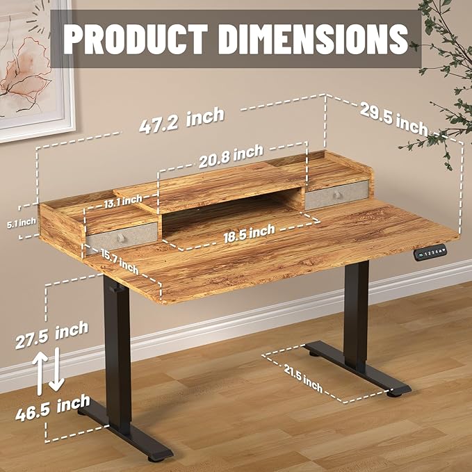48×30 Inch Electric Standing Desk with 2 Drawers, Adjustable Height Widened Stand Up Desk with Storage Shelf, Sit to Stand Ergonomic Workstation for Home Office - LeafyLoom