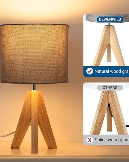 DEWENWILS Mid Century Table Lamp, Wooden Tripod Nightstand Lamp with Linen Fabric Shade, Bedside Lamp for Living Room, Nursery, Bedroom, Side Table, 14.2 Inch, ON/Off Switch - LeafyLoom