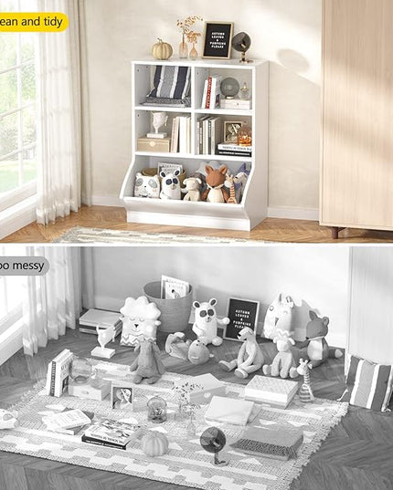Aheaplus Toy Storage Organizer with Bookcase, 5 Cubby Bookshelf Toy Storage Cabinet, Open Multi-Bins Toys&Books Storage Display Organizer for Playroom, Bedroom, Nursery, School, White - LeafyLoom