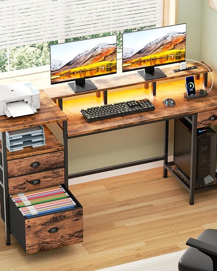 Furologee Computer Desk with Drawers, 60" Office Long Desk with Fabric File Cabinet and Power Outlets, Gaming Desk with LED Lights, Study Writing Work Desk for Home Office, Rustic Brown - LeafyLoom