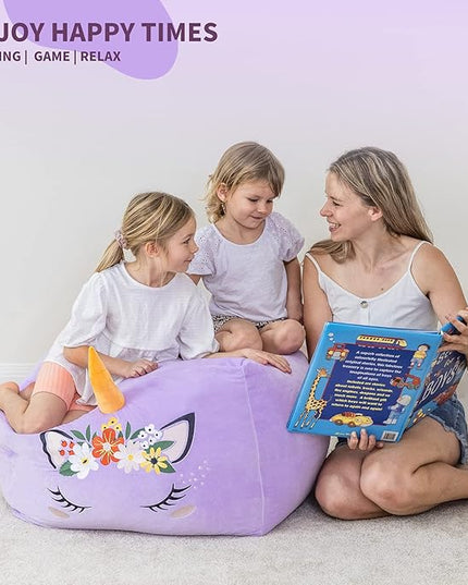 Aubliss Unicorn Stuffed Animal Storage Bean Bag Chair for Kids, Velvet Extra Soft Beanbag Chairs Cover, X-Large Stuffable Zipper Bean Bag for Organizing Plush Toys Girls Bedroom Decor, Purple Floral - LeafyLoom