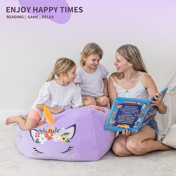 Aubliss Unicorn Stuffed Animal Storage Bean Bag Chair for Kids, Velvet Extra Soft Beanbag Chairs Cover, X-Large Stuffable Zipper Bean Bag for Organizing Plush Toys Girls Bedroom Decor, Purple Floral - LeafyLoom