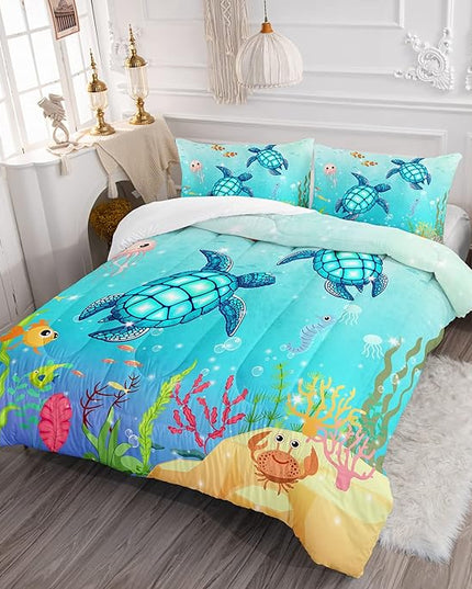 Turtle Comforter Set Twin Ocean Watercolor Sea Turtle Bedding Set Nautical Sea Animal Reptile Bed Set with 2 Pillowcases for Kids Room Decor - LeafyLoom