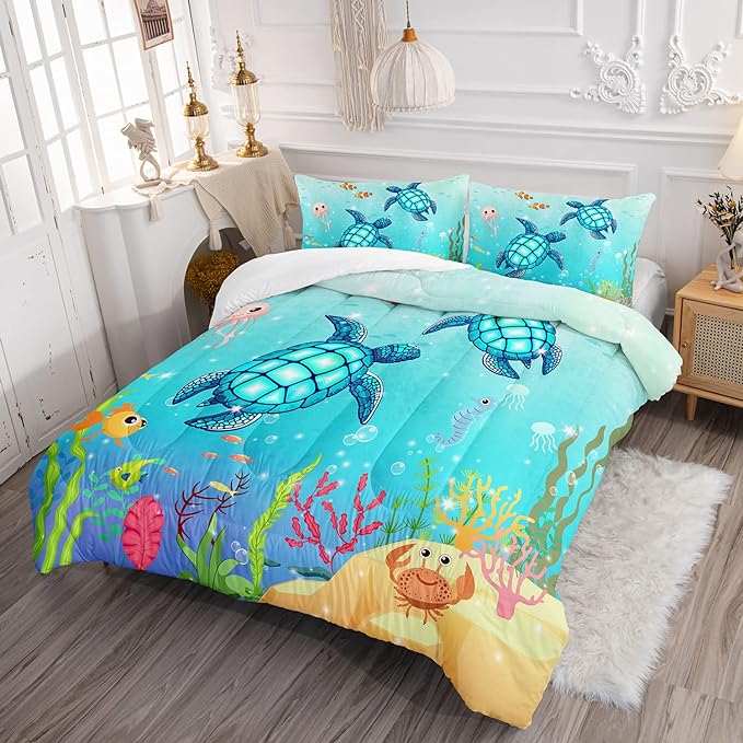 Turtle Comforter Set Twin Ocean Watercolor Sea Turtle Bedding Set Nautical Sea Animal Reptile Bed Set with 2 Pillowcases for Kids Room Decor - LeafyLoom