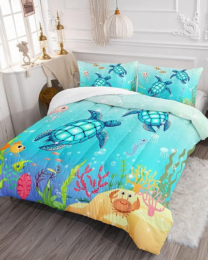 Turtle Comforter Set Queen Ocean Watercolor Sea Turtle Bedding Set Nautical Sea Animal Reptile Bed Set with 2 Pillowcases for Kids Room Decor - LeafyLoom