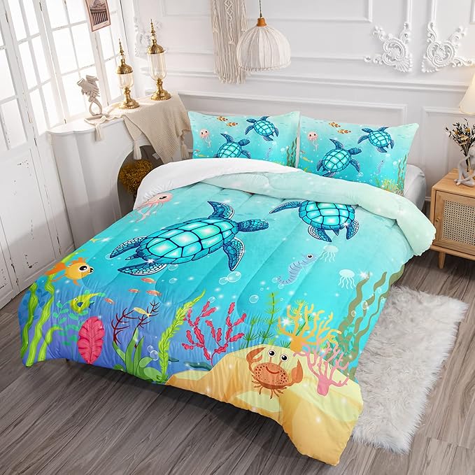 Turtle Comforter Set Queen Ocean Watercolor Sea Turtle Bedding Set Nautical Sea Animal Reptile Bed Set with 2 Pillowcases for Kids Room Decor - LeafyLoom