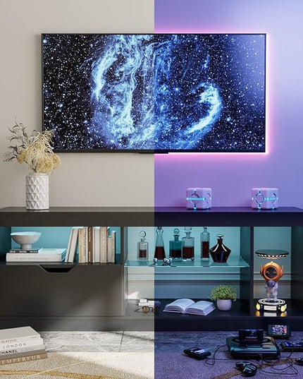 YESHOMY Modern LED TV Stand for Televisions up to 65+ Inch with Glass Shelves and Drawer, Gaming Entertainment Center with Multiple Dynamic RGB Modes, for Livingroom, Bedroom, 55 Inch, Black - LeafyLoom