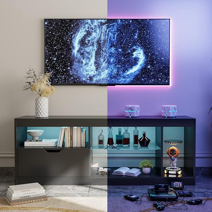 YESHOMY Modern LED TV Stand for Televisions up to 65+ Inch with Glass Shelves and Drawer, Gaming Entertainment Center with Multiple Dynamic RGB Modes, for Livingroom, Bedroom, 55 Inch, Black - LeafyLoom