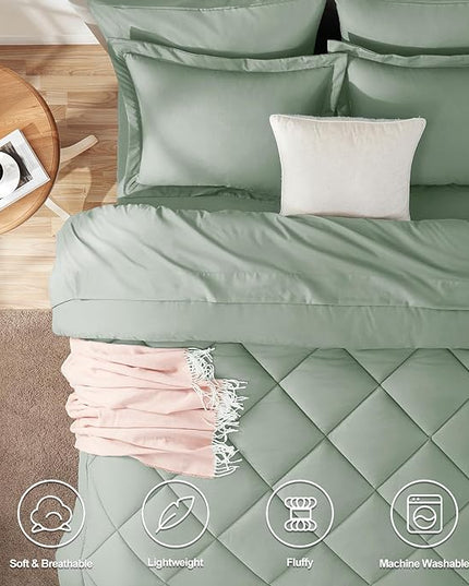 CozyLux Queen Comforter Set with Sheets 7 Pieces Bed in a Bag Sage Green All Season Bedding Sets with Comforter, Pillow Shams, Flat Sheet, Fitted Sheet and Pillowcases - LeafyLoom