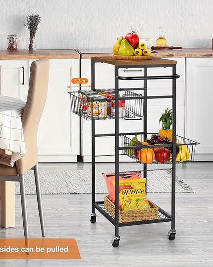 NORCEESAN Rolling Storage Cart 4 Tier Kitchen Cart on Wheels Metal Mobile Utility Cart with Storage Basket Shelf Bathroom Organizer Cart with Handle Pantry Trolley Cart with Tabletop for Home Office - LeafyLoom
