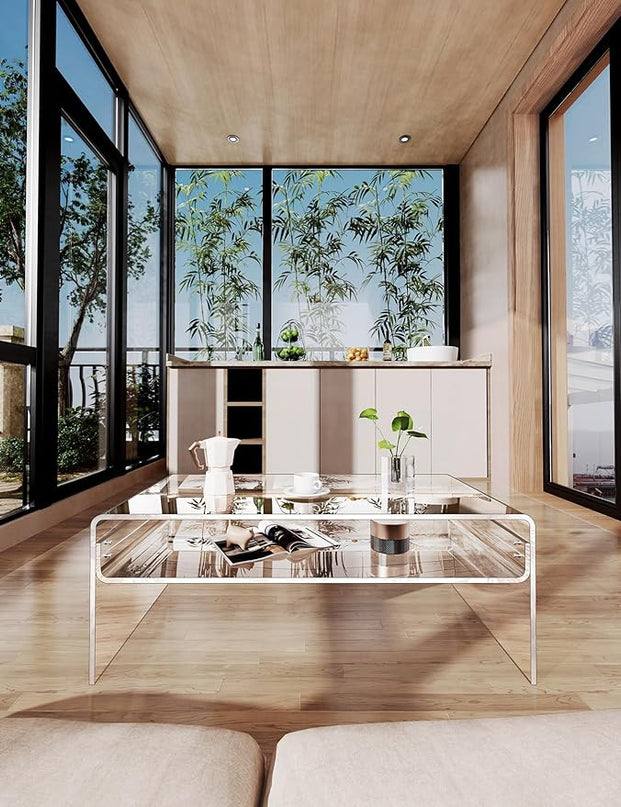 Acrylic Coffee Table for Living Room Clear Rectangle Lucite Table with Open Storage Shelf, Clear - LeafyLoom