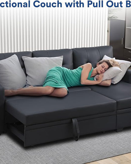 4-in-1 Convertible L Shaped Couch with Pull Out Bed and Storage Sectional Sleeper Sofa with Reversible Chaise for Living Room, Apartment, Bedroom, Office, Jet Black - LeafyLoom
