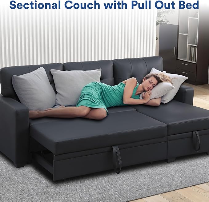 4-in-1 Convertible L Shaped Couch with Pull Out Bed and Storage Sectional Sleeper Sofa with Reversible Chaise for Living Room, Apartment, Bedroom, Office, Jet Black - LeafyLoom
