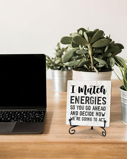 Coworker Gifts for Women Men, Inspirational Home Office Desk Decor Wood Plaque with Stand, Perfect for Employee Office Desk Sign - I Match Energies So You Go Ahead - C11 - LeafyLoom
