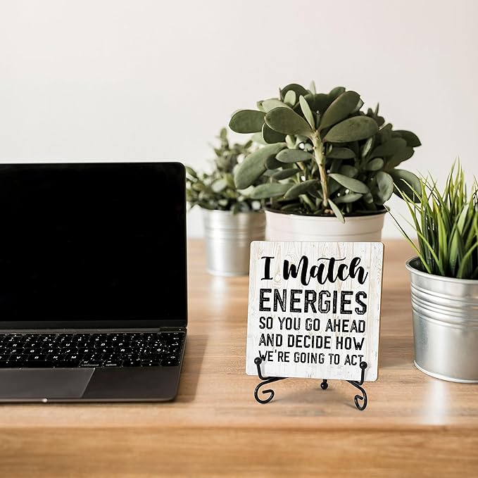 Coworker Gifts for Women Men, Inspirational Home Office Desk Decor Wood Plaque with Stand, Perfect for Employee Office Desk Sign - I Match Energies So You Go Ahead - C11 - LeafyLoom
