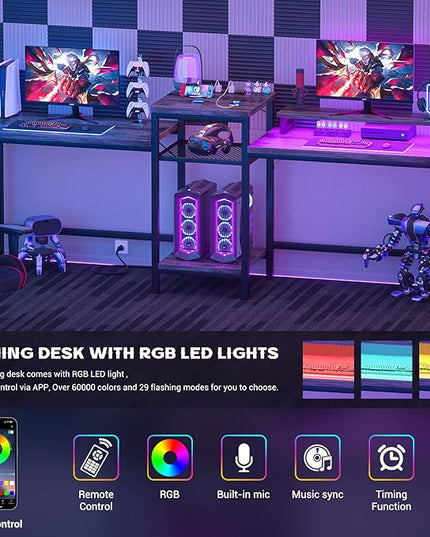 Unikito Two Person Desk with LED Light and Power Outlet, Double Computer Desks with Monitor Stand and Printer Stand, Double Gaming Computer Desk, Long Gaming Desk, Home Office Work Desk, Black Oak - LeafyLoom
