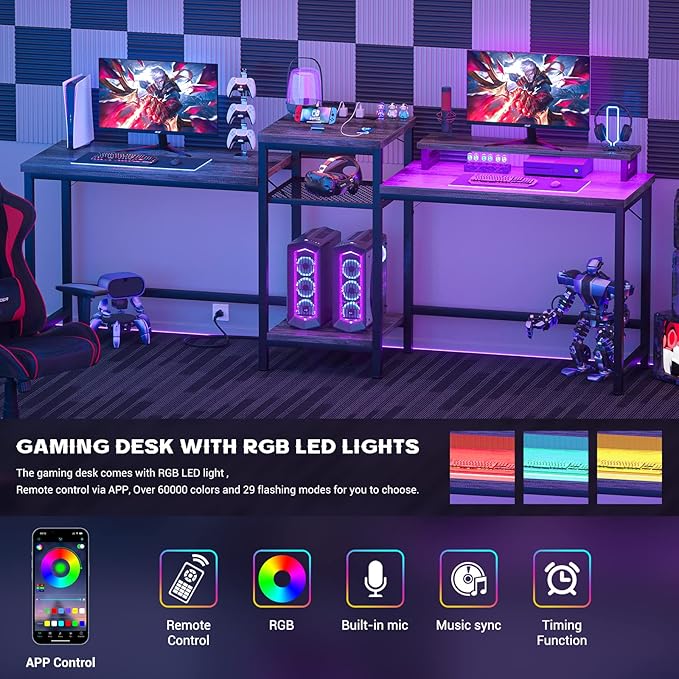 Unikito Two Person Desk with LED Light and Power Outlet, Double Computer Desks with Monitor Stand and Printer Stand, Double Gaming Computer Desk, Long Gaming Desk, Home Office Work Desk, Black Oak - LeafyLoom