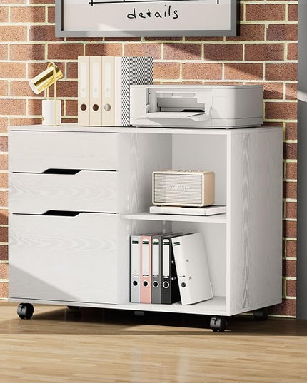 OLIXIS 3 Drawer File Cabinet Lateral Printer Stand with Adjustable Storage Shelves for Home Office Small Space, White - LeafyLoom