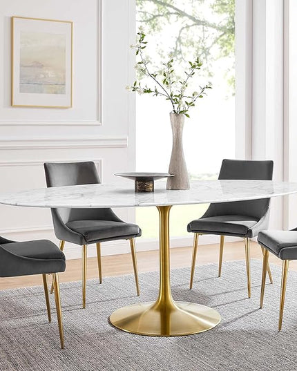 Modway Lippa 78" Oval-Shaped Mid-Century Modern Dining Table with Artificial Marble Top and Gold Base - LeafyLoom