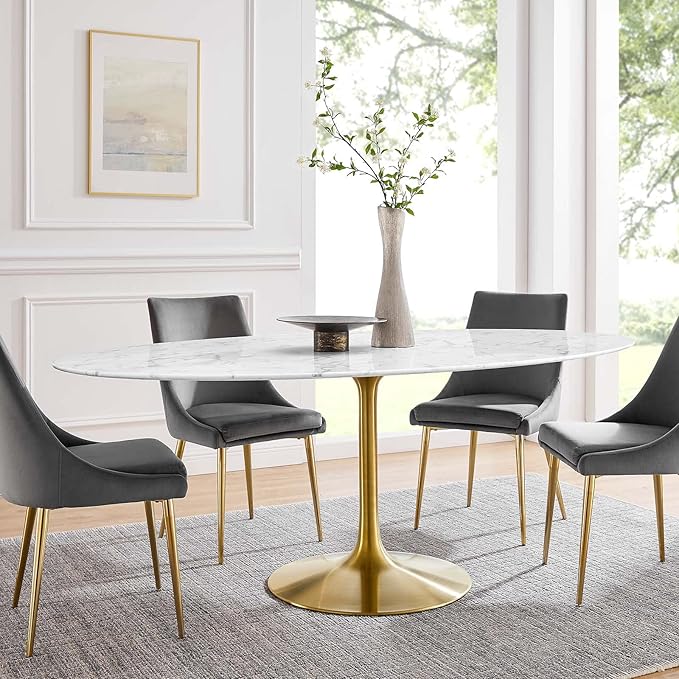 Modway Lippa 78" Oval-Shaped Mid-Century Modern Dining Table with Artificial Marble Top and Gold Base - LeafyLoom
