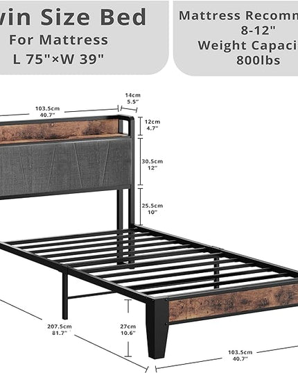 LIKIMIO Twin Bed Frames, Storage Headboard with Charging Station, Solid and Stable, Noise Free, No Box Spring Needed, Easy Assembly - LeafyLoom