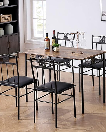 VECELO Kitchen Dining Room Table Sets for 4, 5 Piece Metal and Wood Rectangular Breakfast Nook, Dinette with Chairs, Retro-brown, 42.1" - LeafyLoom