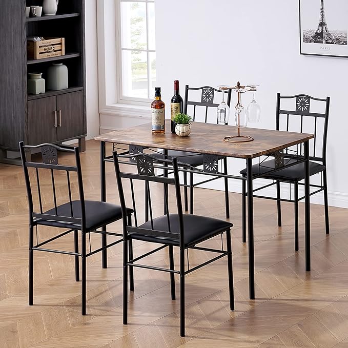 VECELO Kitchen Dining Room Table Sets for 4, 5 Piece Metal and Wood Rectangular Breakfast Nook, Dinette with Chairs, Retro-brown, 42.1" - LeafyLoom