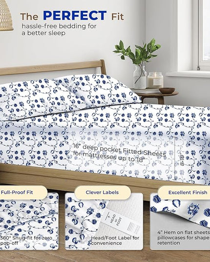 THREAD SPREAD 100% Egyptian Cotton Printed Bed Sheets - 600 Thread Count 4 PC Queen Sheet Set, Hotel Luxury Sateen Bedsheets, 16" Deep Pocket Soft Cooling Sheets for Queen Size Bed - Floral Blue - LeafyLoom