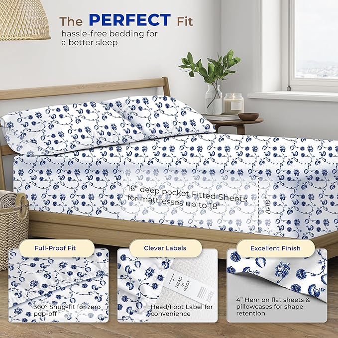 THREAD SPREAD 100% Egyptian Cotton Printed Bed Sheets - 600 Thread Count 4 PC Queen Sheet Set, Hotel Luxury Sateen Bedsheets, 16" Deep Pocket Soft Cooling Sheets for Queen Size Bed - Floral Blue - LeafyLoom
