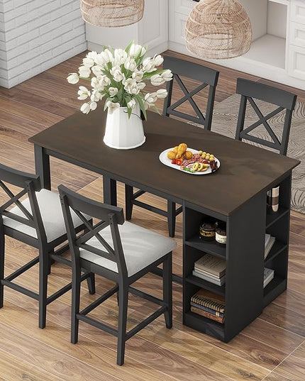 NicBex Dining Table for 4 Small Kitchen Table Set for 4 Solid Wood Farmhouse Counter Height Dining Table Set with 3-Tier Storage Shelves, Upholstered Dining Chairs for 4, Gray - LeafyLoom