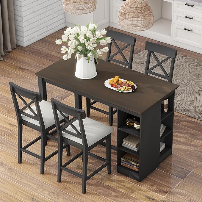NicBex Dining Table for 4 Small Kitchen Table Set for 4 Solid Wood Farmhouse Counter Height Dining Table Set with 3-Tier Storage Shelves, Upholstered Dining Chairs for 4, Gray - LeafyLoom