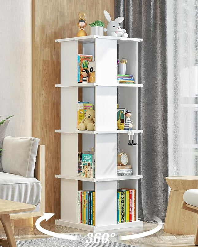 Rotating Bookshelf, 4-Shelf 360° Solid Wood Book shelf Tower, Stackable Revolving Bookcase Organizer for Living Room, Bedroom, Study(White 4 Tier) - LeafyLoom